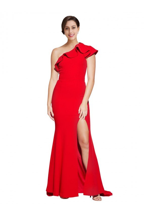 Cheapest One Shoulder Long Sweep Train Crepe Bridesmaid Dress / Prom Dress with Thigh High Split UK
