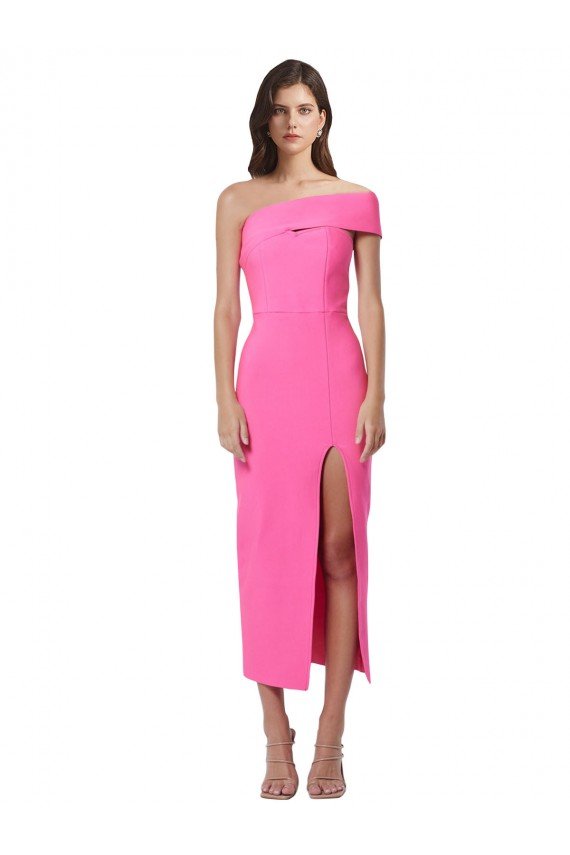 Cheapest One Shoulder Neckline Short Midi Length Formal Crepe Bridesmaid Dress / Cocktail Prom Dress UK