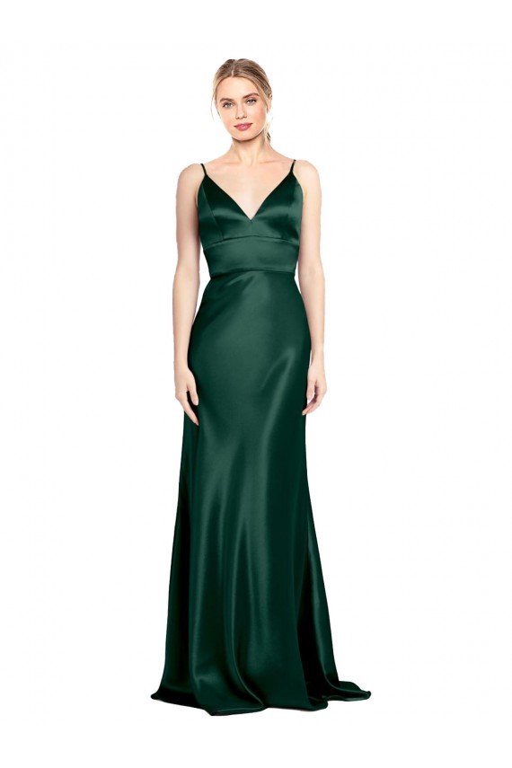 Cheapest High V-Neck Long Full Length Sheath Formal Stretch Satin Bridesmaid Dress / Prom Dress UK