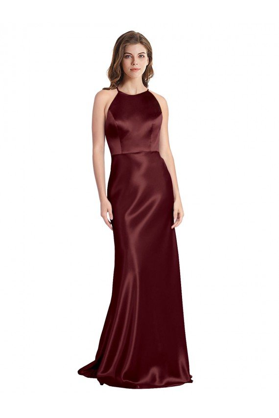 Cheapest High Neck Halter Long Sleeveless Formal Stretch Satin Bridesmaid Dress / Prom Dress with Strappy Back UK