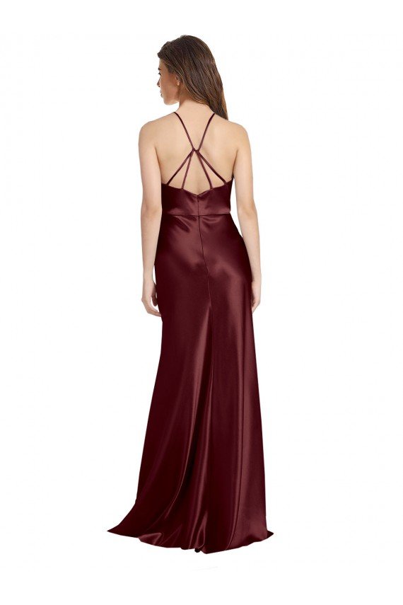 Cheapest High Neck Halter Long Sleeveless Formal Stretch Satin Bridesmaid Dress / Prom Dress with Strappy Back UK