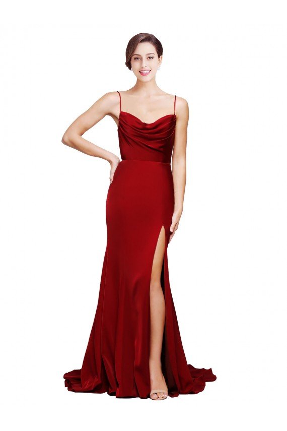 Cheapest Cowl Front Neck Sweep Train Formal Stretch Satin Bridesmaid Dress / Prom Dress with High Side Split UK