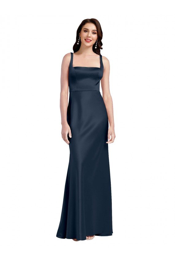 Cheapest Square Neck A-Line Long Formal Stretch Satin Bridesmaid Dress / Prom Dress with Wide Straps UK