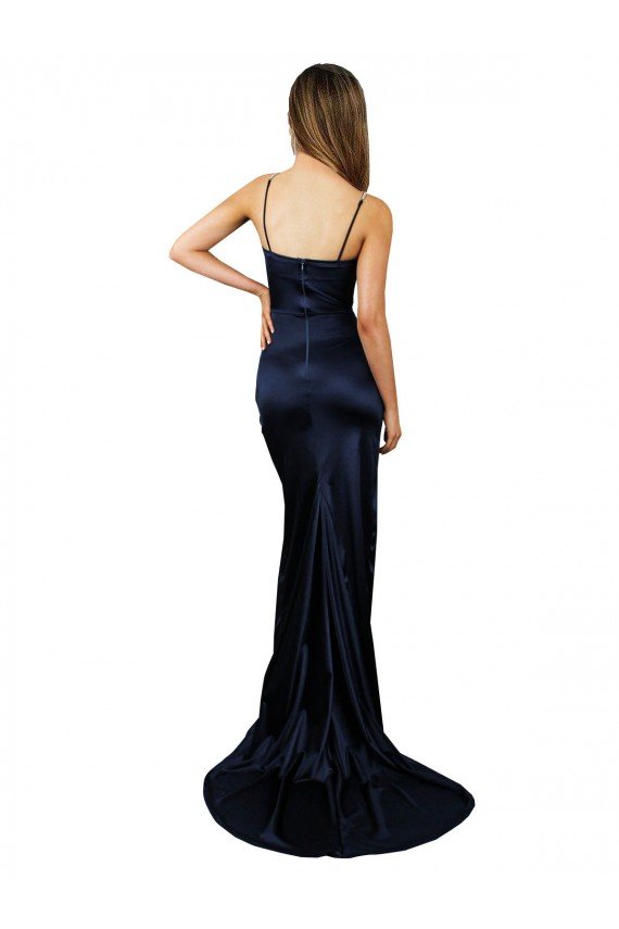 Cheapest Pleated Sash Skirt Long Formal Stretch Satin Bridesmaid Dress / Prom Dress with High Slit UK