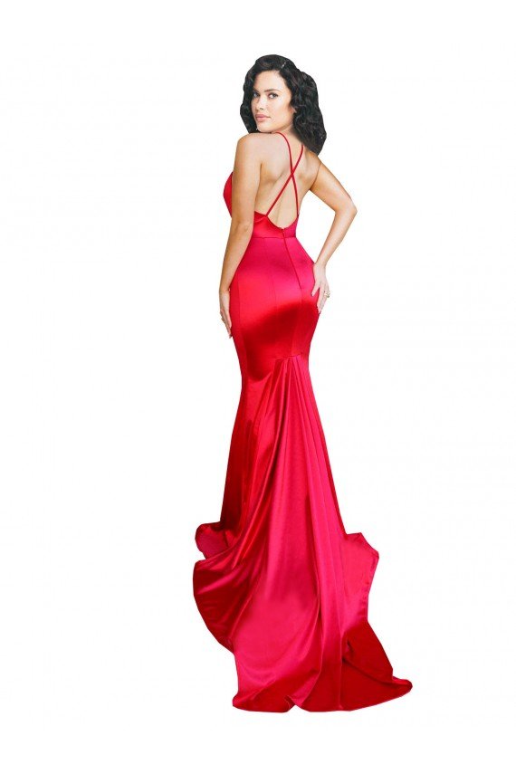 Cheapest Mermaid Open Back Long Formal Stretch Satin Bridesmaid Dress / Prom Dress with High Slit UK