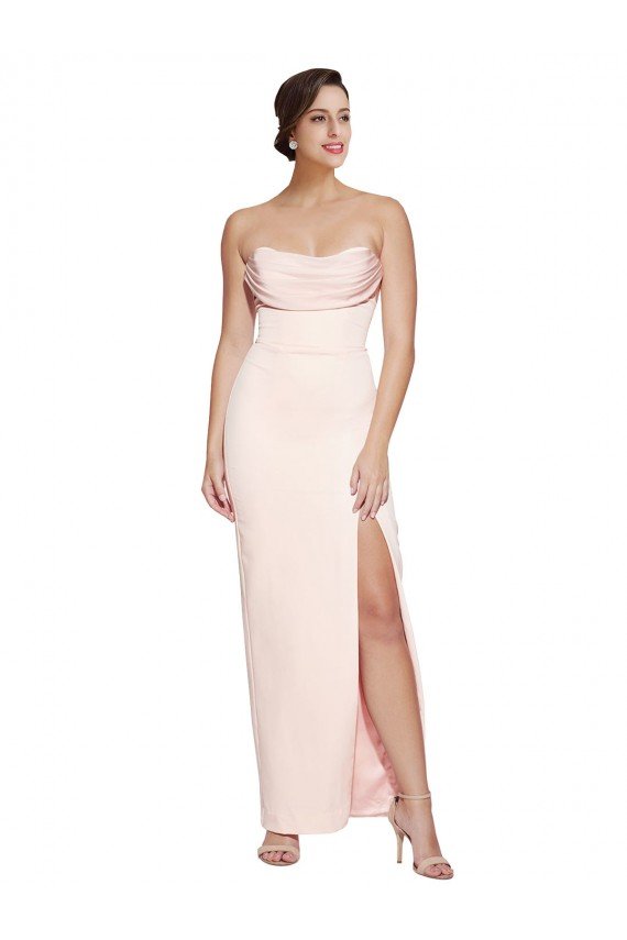 Cheapest Cowl Neck Strapless Formal Stretch Satin Bridesmaid Dress / Prom Dress with High Split UK