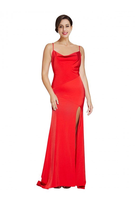 Cheapest Low Back Cowl Neck Formal Stretch Satin Bridesmaid Dress / Prom Dress with High Side Slit UK