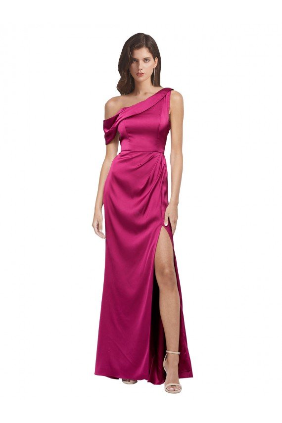 Cheapest Off the Shoulder Short Sleeves Formal Stretch Satin Bridesmaid Dress / Prom Dress with Side Slit UK
