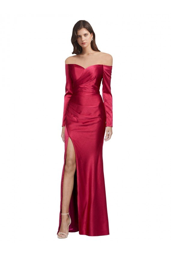 Cheapest Long Sleeves Off the Shoulder Formal Stretch Satin Bridesmaid Dress / Prom Dress with High Side Split UK