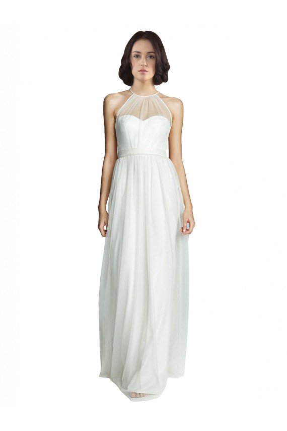 Cheapest High Neckline Long Tulle Bridesmaid Dress with Illusion Front UK