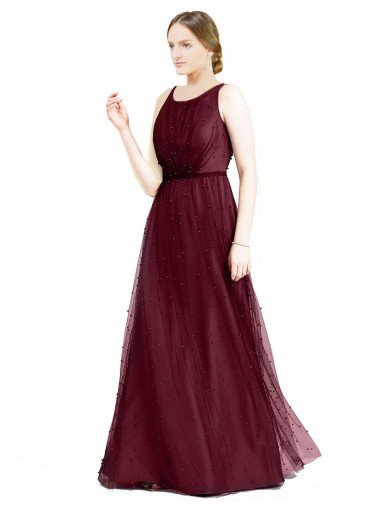 Cheapest Sleeveless Boat Neck Long Pearl Tulle Bridesmaid Dress with Keyhole Back UK