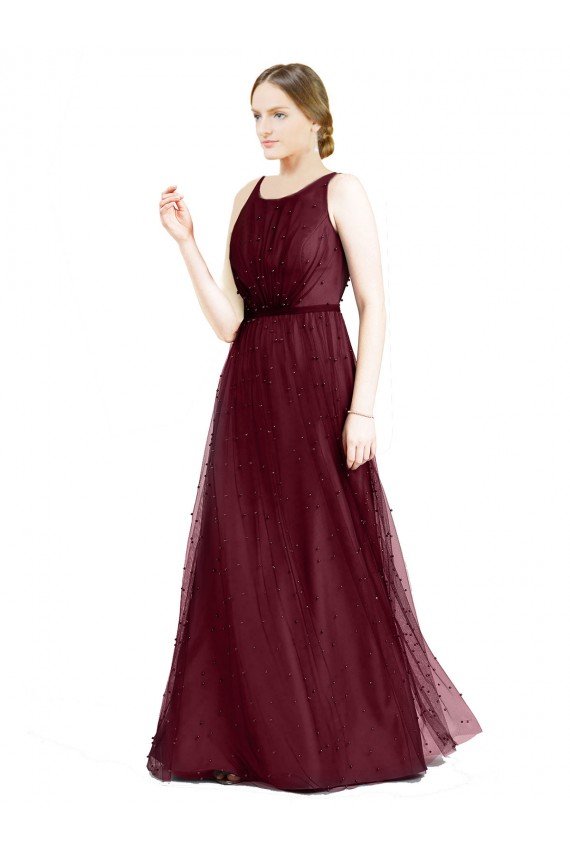 Cheapest Sleeveless Boat Neck Long Pearl Tulle Bridesmaid Dress with Keyhole Back UK
