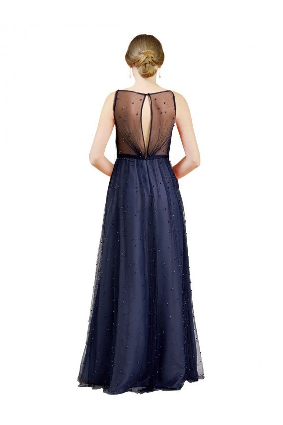Cheapest Sleeveless Boat Neck Long Pearl Tulle Bridesmaid Dress with Keyhole Back UK