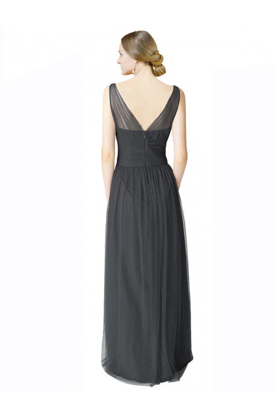 Cheapest Long Tulle Bridesmaid Dress with Illusion Shoulder Straps and V-Back UK