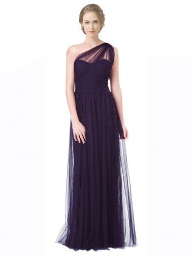 Cheapest One Shoulder Long Tulle Bridesmaid Gown with Sheer Netting Strap UK