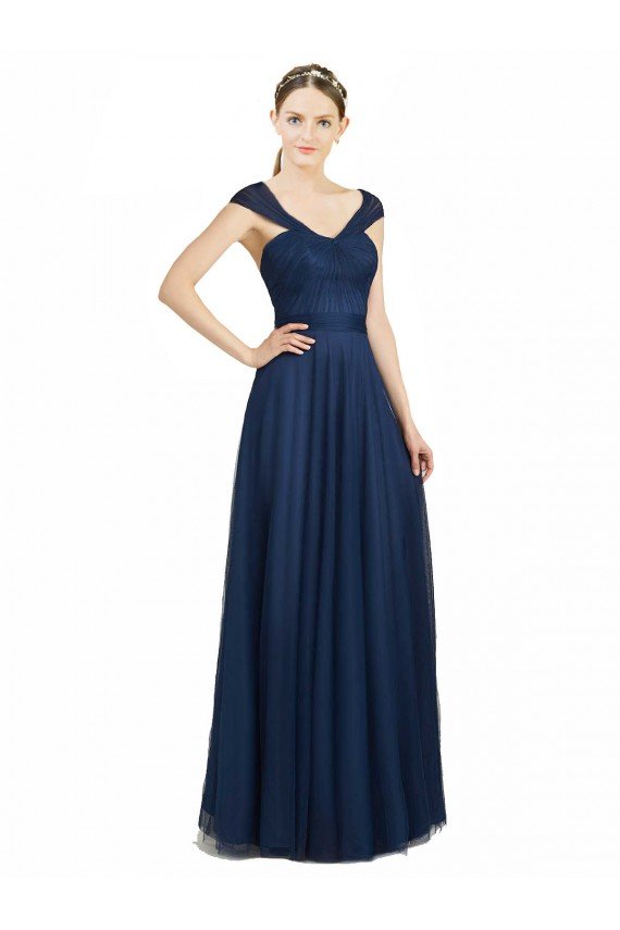 Cheapest Ruched Sweetheart Long A-Line Tulle Bridesmaid Dress with Wide Straps and Tie Back UK