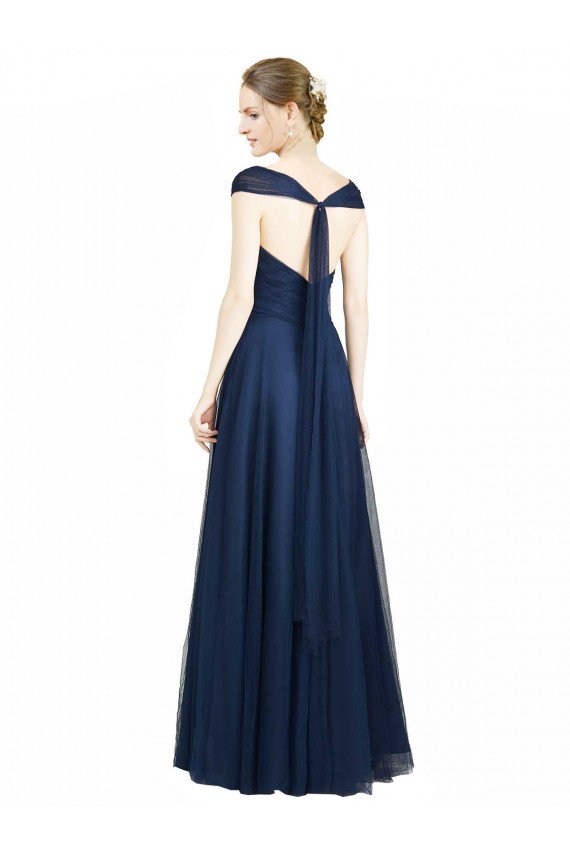 Cheapest Ruched Sweetheart Long A-Line Tulle Bridesmaid Dress with Wide Straps and Tie Back UK