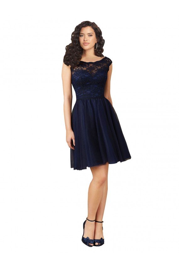 Cheapest Short Bateau Neck Tulle Cocktail Bridesmaid Dress with Lace Bodice UK