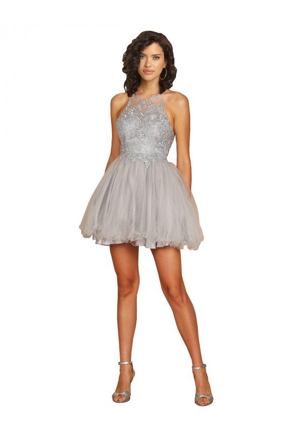 Cheapest Halter Neckline Criss Cross Back Short Cocktail Dress with Beaded Lace Bodice UK