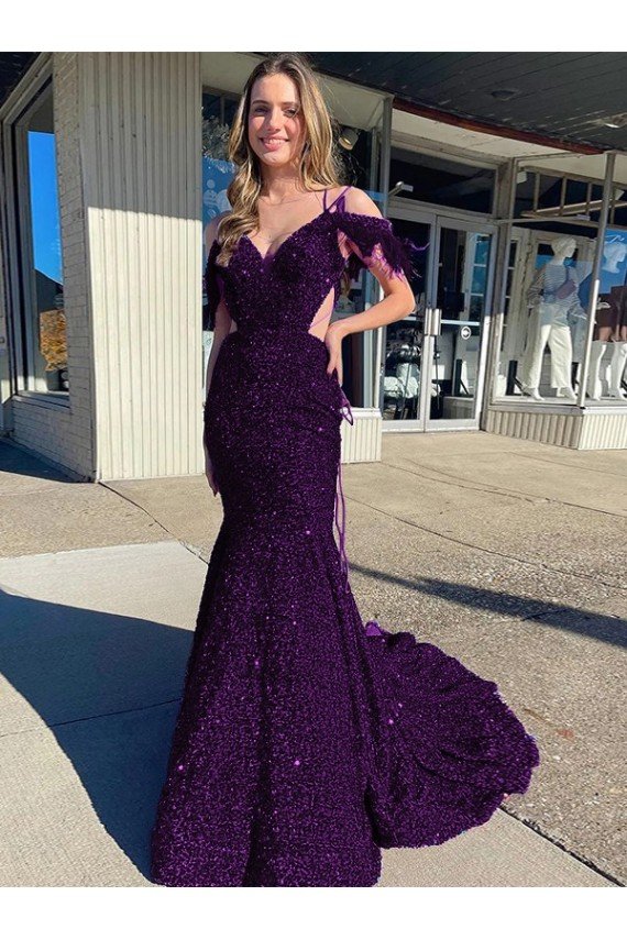 Cheapest Cold Shoulder Sleeveless Long Court Train Velvet Sequin Prom Dress UK