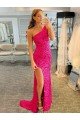 Cheapest One Shoulder Sleeveless Long Velvet Sequin Prom Dress with High Slit UK