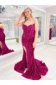 Cheapest Long Sweetheart Sleeveless Sweep Train Velvet Sequin Prom Dress with Slit UK