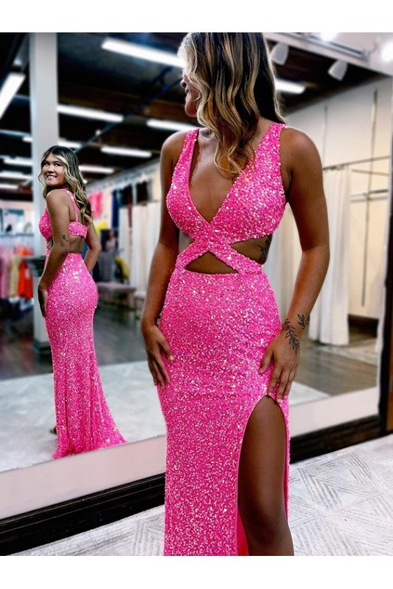 Cheapest Long V-Neck Sleeveless Sweep Train Velvet Sequin Prom Dress with High Slit UK