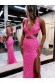 Cheapest Long V-Neck Sleeveless Sweep Train Velvet Sequin Prom Dress with High Slit UK