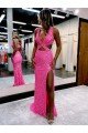 Cheapest Long V-Neck Sleeveless Sweep Train Velvet Sequin Prom Dress with High Slit UK