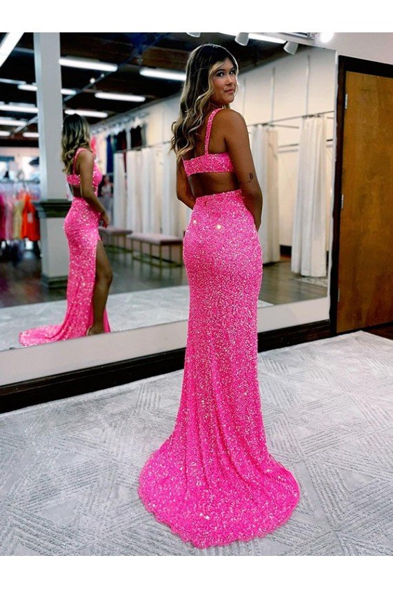 Cheapest Long V-Neck Sleeveless Sweep Train Velvet Sequin Prom Dress with High Slit UK