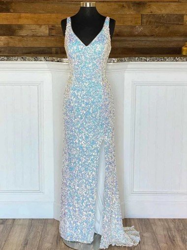 Cheapest V-Neck Sleeveless Long Sweep Train Velvet Sequin Prom Dress UK