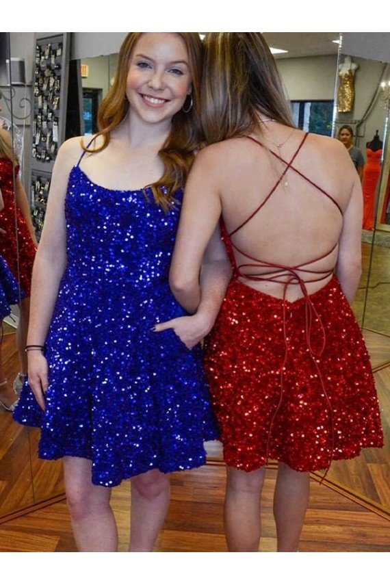 Cheapest A-Line Spaghetti Straps Sleeveless Short Velvet Sequin Homecoming Dress / Prom Dress UK