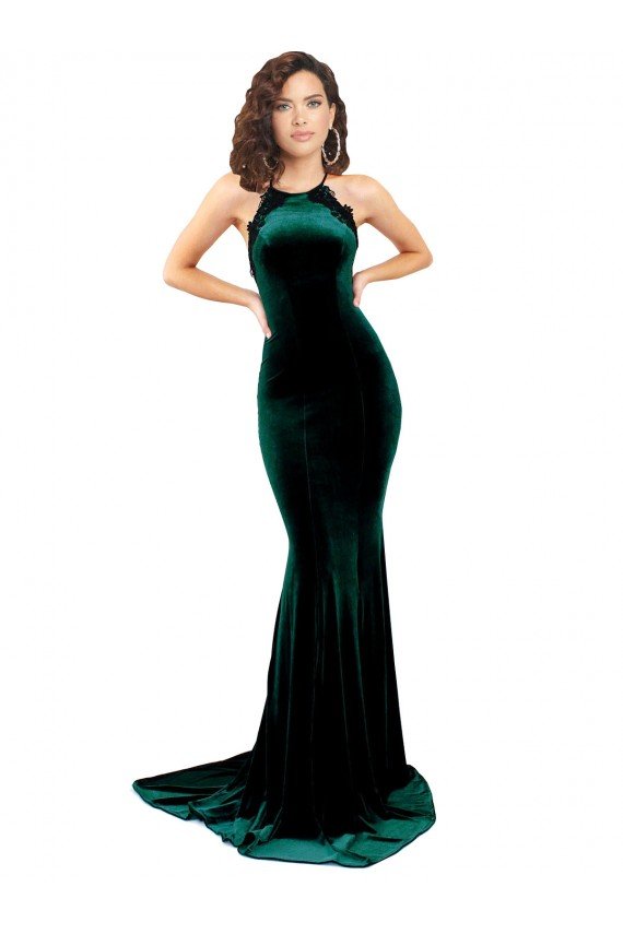Cheapest High Neck Formal Stretch Velvet Bridesmaid Dress / Prom Dress with Black Lace Embroidery UK