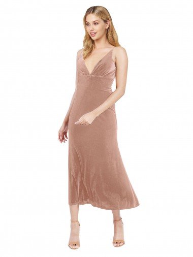 Cheapest Midi Cocktail Length Short V-Neck Velvet Bridesmaid Dress / Prom Dress with Notched Neckline UK