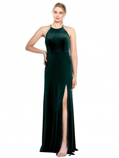 Cheapest Long Jewel Neck Full Length Velvet Bridesmaid Dress / Prom Dress with Side Slit UK