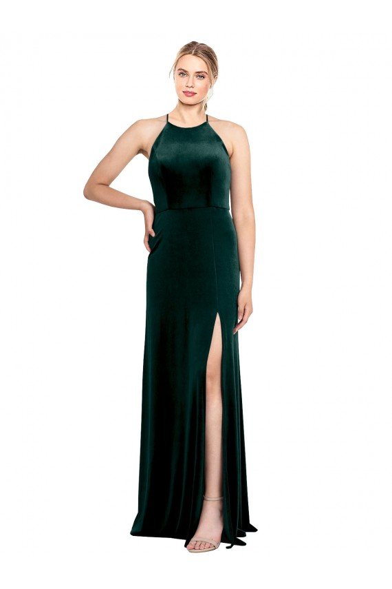 Cheapest Long Jewel Neck Full Length Velvet Bridesmaid Dress / Prom Dress with Side Slit UK