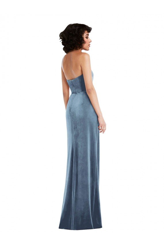 Cheapest Strapless Formal Velvet Maxi Bridesmaid Dress / Prom Dress with Draped Skirt UK