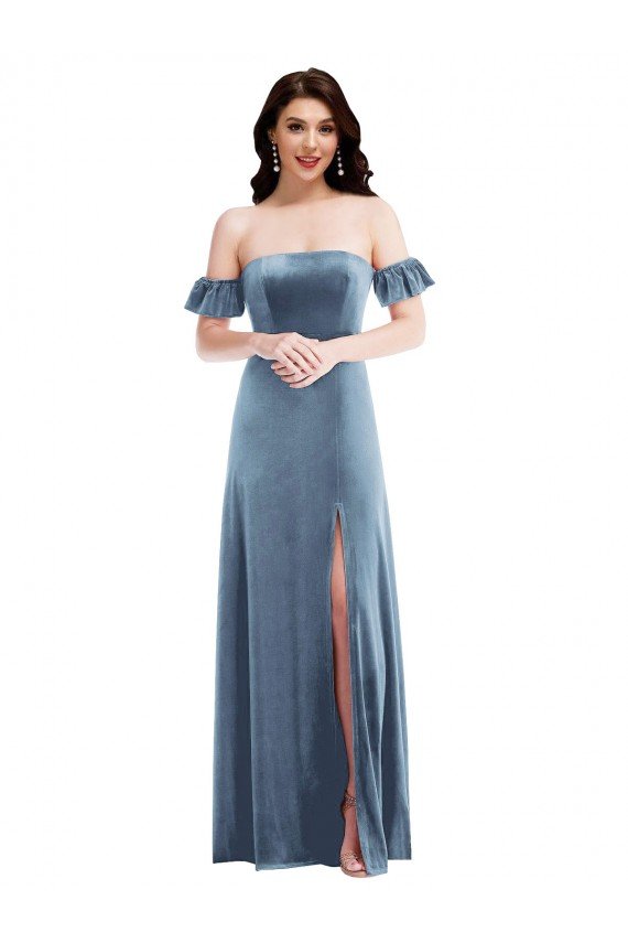 Cheapest Ruffle Sleeve Off the Shoulder Velvet Maxi Bridesmaid Dress / Prom Dress UK