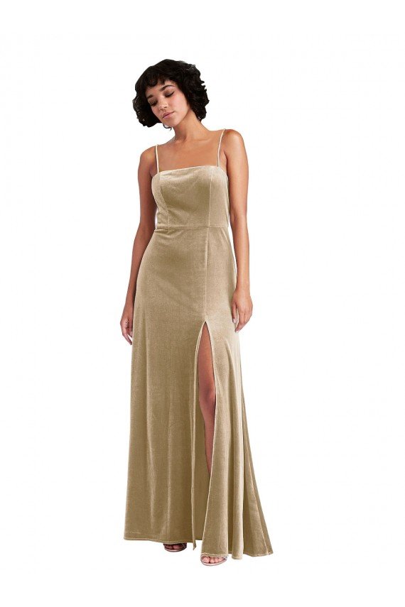Cheapest Square Neck Formal Velvet Maxi Bridesmaid Dress / Prom Dress with Front Slit UK