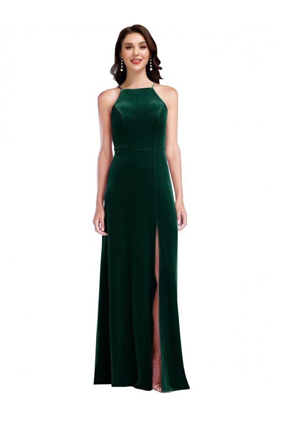 Cheapest Velvet Halter Maxi Bridesmaid Dress / Prom Dress with Front Slit UK