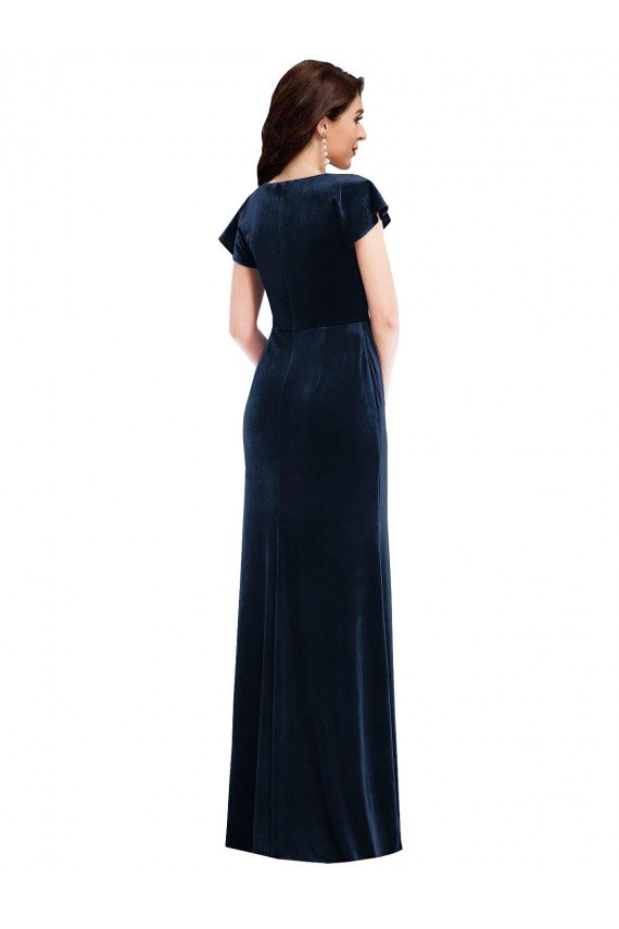Cheapest Flutter Sleeve Wrap Bodice Formal Velvet Maxi Bridesmaid Dress / Prom Dress with Pockets UK