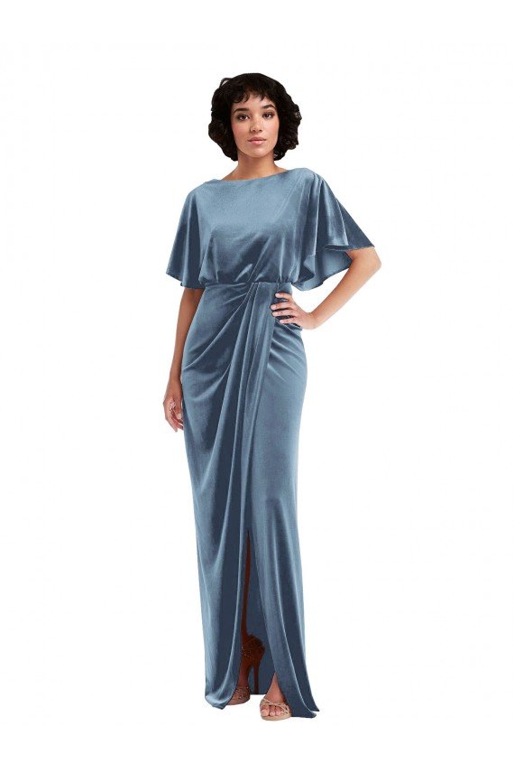 Cheapest Flutter Sleeve Open Back Velvet Maxi Bridesmaid Dress / Prom Dress with Draped Wrap Skirt UK