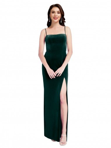 Cheapest Straight Neckline Spaghetti Straps Long Velvet Bridesmaid Dress / Prom Dress with High Side Slit UK