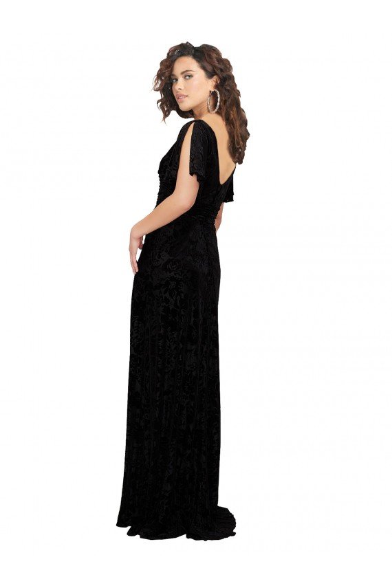 Cheapest Split Sleeves V-Neck Floral Velvet Bridesmaid Dress with Front Slit UK