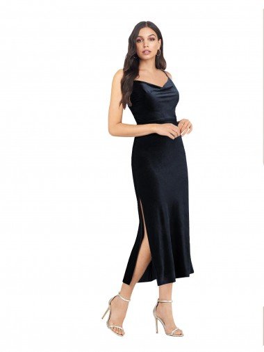 Cheapest Midi Cocktail Length Formal Velvet Bridesmaid Dress / Prom Dress with Cowl Neck and Spaghetti Straps UK