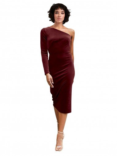 Cheapest One Shoulder Fitted Short Midi Length Velvet Bridesmaid Dress / Prom Dress UK