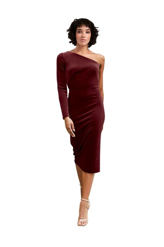 Cheapest One Shoulder Fitted Short Midi Length Velvet Bridesmaid Dress / Prom Dress UK