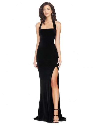 Cheapest Halter Neck Wide Straps Long Velvet Bridesmaid Dress / Prom Dress with Side Split UK