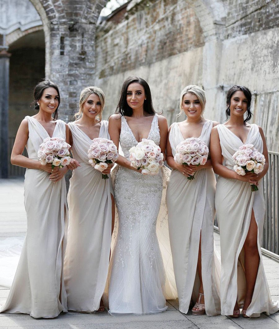 Full Length Luxe Chiffon Long Champagne bridesmaid dresses UK with Sexy High Slit and Front Ruffles