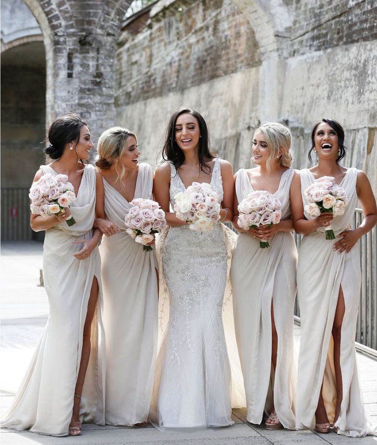 Full Length Luxe Chiffon Long Champagne bridesmaid dresses UK with Sexy High Slit and Front Ruffles